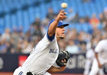 Apr 14, 2023; Toronto, Ontario, CAN;    Toronto Blue Jays starting pitcher Jose Berrios (17) delivers a pitch against the Tampa Bay Rays in the first inning at Rogers Centre. Mandatory Credit: Dan Hamilton-USA TODAY Sports