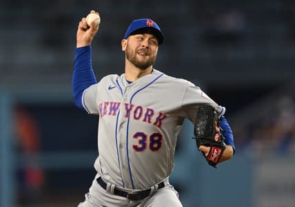 Apr 18, 2023; Los Angeles, California, USA; New York Mets starting pitcher Tylor Megill (38) throws in the first inning against the Los Angeles Dodgers at Dodger Stadium. Mandatory Credit: Jayne Kamin-Oncea-USA TODAY Sports