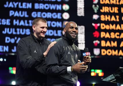 Feb 19, 2023; Salt Lake City, UT, USA; Team LeBron forward LeBron James (right) drafts center Nikola Jokic (15) before the 2023 NBA All-Star Game at Vivint Arena. Mandatory Credit: Kyle Terada-USA TODAY Sports