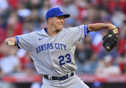 Apr 22, 2023; Anaheim, California, USA;  Kansas City Royals starting pitcher Zack Greinke (23) throws to the plate in the first inning against the Los Angeles Angels at Angel Stadium. Mandatory Credit: Jayne Kamin-Oncea-USA TODAY Sports