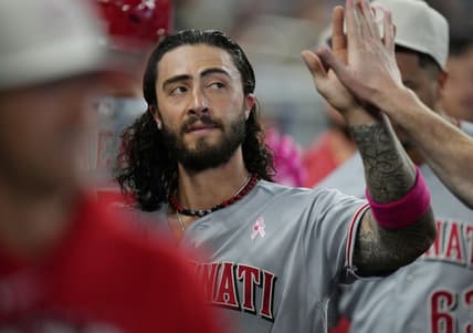 May 14, 2023; Miami, Florida, USA;  Cincinnati Reds second baseman Jonathan India (6) celebrates scoring a run in the sixth inning against the Miami Marlins at loanDepot Park. Mandatory Credit: Jim Rassol-USA TODAY Sports