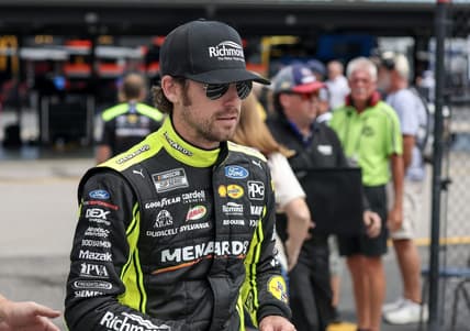 Sep 2, 2023; Darlington, South Carolina, USA; NASCAR Cup Series driver Ryan Blaney (12) on pit road during NASCAR Cup practice and qualifying at Darlington Raceway. Mandatory Credit: David Yeazell-USA TODAY Sports