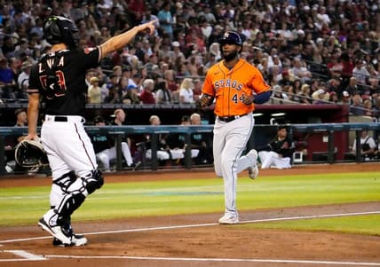 Oct 1, 2023; Phoenix, AZ, USA; Houston Astros Yordan Alvarez (44) scores on an error by the Arizona Diamondbacks in the first inning at Chase Field. Mandatory Credit: Rob Schumacher-Arizona Republic