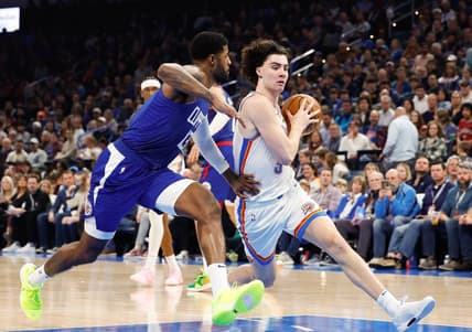 Dec 21, 2023; Oklahoma City, Oklahoma, USA; Oklahoma City Thunder guard Josh Giddey (3) drives past LA Clippers forward Paul George (13) during the second quarter at Paycom Center. Mandatory Credit: Alonzo Adams-USA TODAY Sports