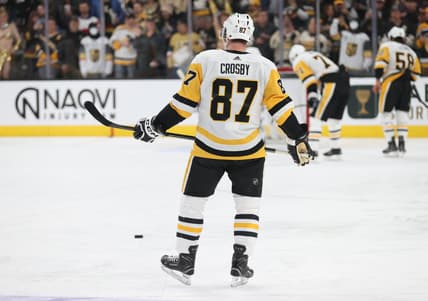 Sidney Crosby takes warmups before the Penguins vs. Golden Knights game 1/20/24