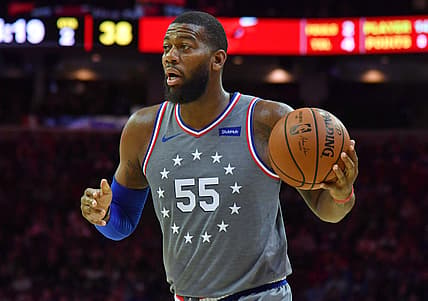Apr 10, 2019; Philadelphia, PA, USA; Philadelphia 76ers center Greg Monroe (55) during the second quarter against the Chicago Bulls at Wells Fargo Center. Mandatory Credit: Eric Hartline-USA TODAY Sports