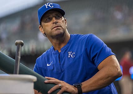 Jul 1, 2022; Detroit, Michigan, USA; Kansas City Royals manager Mike Matheny looks into the stands during the first inning against the Detroit Tigers at Comerica Park. Mandatory Credit: Raj Mehta-USA TODAY Sports