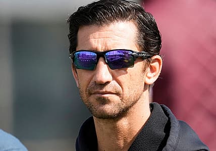 Feb 21, 2022; Scottsdale, Ariz., U.S.;  Diamondbacks general manager Mike Hazen watches a select training camp for minor-league players not covered by the Players Association at Salt River Fields. MLB continues to be in a lockout after the expiration of the collective bargaining agreement Dec. 2. Mandatory Credit: Michael Chow-Arizona Republic

Baseball Diamondbacks Select Minor League Camp
