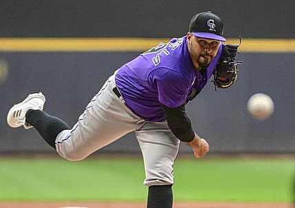 Jul 22, 2022; Milwaukee, Wisconsin, USA; Colorado Rockies pitcher Antonio Senzatela  (48) throws a pitch in the first inning against the Milwaukee Brewers at American Family Field. Mandatory Credit: Benny Sieu-USA TODAY Sports