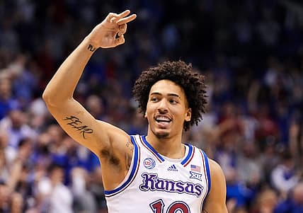 Dec 17, 2022; Lawrence, Kansas, USA; Kansas Jayhawks forward Jalen Wilson (10) celebrates during the second half against the Indiana Hoosiers at Allen Fieldhouse. Mandatory Credit: Jay Biggerstaff-USA TODAY Sports
