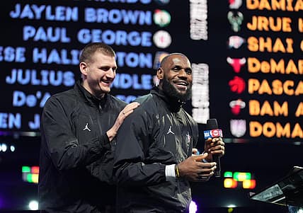 Feb 19, 2023; Salt Lake City, UT, USA; Team LeBron forward LeBron James (right) drafts center Nikola Jokic (15) before the 2023 NBA All-Star Game at Vivint Arena. Mandatory Credit: Kyle Terada-USA TODAY Sports