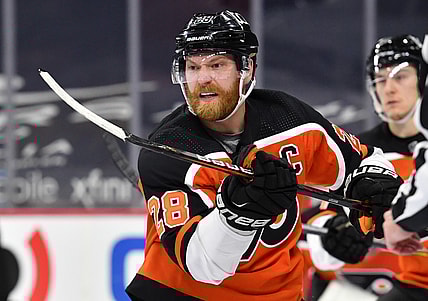 Feb 3, 2021; Philadelphia, Pennsylvania, USA; Philadelphia Flyers center Claude Giroux (28) against the Boston Bruins at Wells Fargo Center. Mandatory Credit: Eric Hartline-USA TODAY Sports