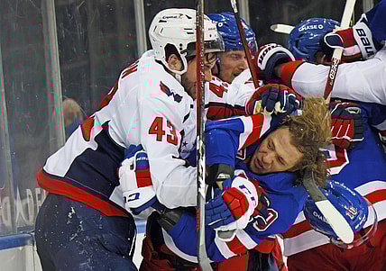 May 3, 2021; New York, New York, USA;  Tom Wilson #43 of the Washington Capitals takes a roughing penalty during the second period against Artemi Panarin #10 of the New York Rangers at Madison Square Garden. Mandatory Credit:  Bruce Bennett/POOL PHOTOS-USA TODAY Sports
