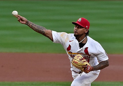 Jun 8, 2021; St. Louis, Missouri, USA;  St. Louis Cardinals starting pitcher Carlos Martinez (18) pitches during the first inning against the Cleveland Indians at Busch Stadium. Mandatory Credit: Jeff Curry-USA TODAY Sports