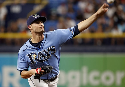 Aug 1, 2021; St. Petersburg, Florida, USA; Tampa Bay Rays starting pitcher Shane McClanahan (62) throws a pitch against the Boston Red Sox during the first inning at Tropicana Field. Mandatory Credit: Kim Klement-USA TODAY Sports