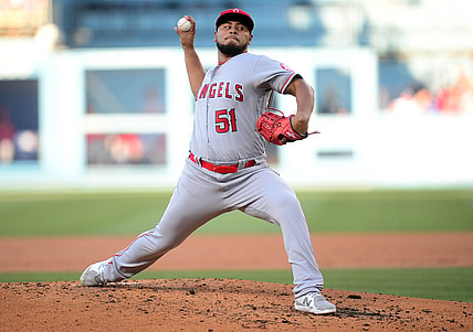 Aug 7, 2021; Los Angeles, California, USA; Los Angeles Angels starting pitcher Jaime Barria (51) throws against the Los Angeles Dodgers during the second inning at Dodger Stadium. Mandatory Credit: Gary A. Vasquez-USA TODAY Sports
