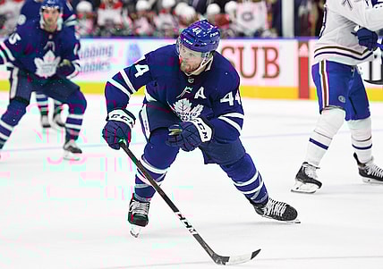 Oct 13, 2021; Toronto, Ontario, CAN;  Toronto Maple Leafs defenseman Morgan Rielly (44) moves to block a passing lane against Montreal Canadiens in the third period at Scotiabank Arena. Mandatory Credit: Dan Hamilton-USA TODAY Sports