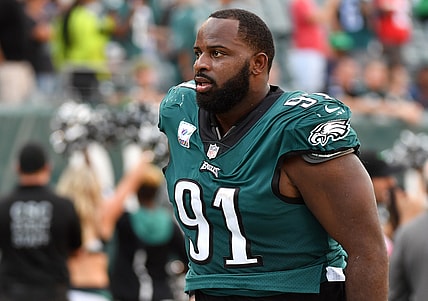 Oct 3, 2021; Philadelphia, Pennsylvania, USA; Philadelphia Eagles defensive tackle Fletcher Cox (91) runs off the field after loss against the Kansas City Chiefs at Lincoln Financial Field. Mandatory Credit: Eric Hartline-USA TODAY Sports