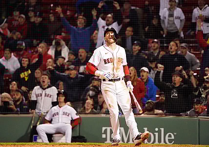 May 19, 2022; Boston, Massachusetts, USA; Boston Red Sox second baseman Trevor Story (10) hits a three run home run against the Seattle Mariners in the eighth inning at Fenway Park. Mandatory Credit: David Butler II-USA TODAY Sports
