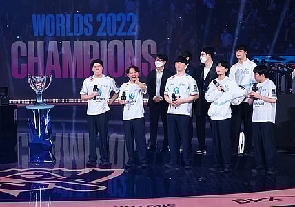 Nov 5, 2022; San Francisco, California, USA; DRX players on stage after winning the League of Legends World Championships against T1 at Chase Center. Mandatory Credit: Kelley L Cox-USA TODAY Sports