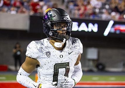 Oct 8, 2022; Tucson, Arizona, USA; Oregon Ducks defensive back Christian Gonzalez (0) against the Arizona Wildcats at Arizona Stadium. Mandatory Credit: Mark J. Rebilas-USA TODAY Sports