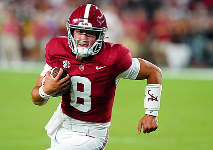 Sep 2, 2023; Tuscaloosa, Alabama, USA; Alabama Crimson Tide quarterback Tyler Buchner (8) scrambles up the field against the Middle Tennessee Blue Raiders during the second half at Bryant-Denny Stadium. Mandatory Credit: John David Mercer-USA TODAY Sports