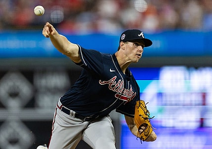 Sep 11, 2023; Philadelphia, Pennsylvania, USA; Atlanta Braves starting pitcher Kyle Wright (30) throws a pitch during the fourth inning against the Philadelphia Phillies at Citizens Bank Park. Mandatory Credit: Bill Streicher-USA TODAY Sports