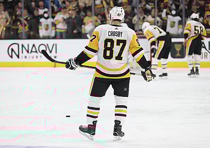 Sidney Crosby takes warmups before the Penguins vs. Golden Knights game 1/20/24