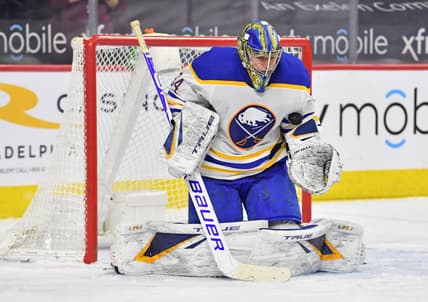 Mar 9, 2021; Philadelphia, Pennsylvania, USA; Buffalo Sabres goaltender Jonas Johansson (34) makes a save against the Philadelphia Flyers during the third period at Wells Fargo Center. Mandatory Credit: Eric Hartline-USA TODAY Sports