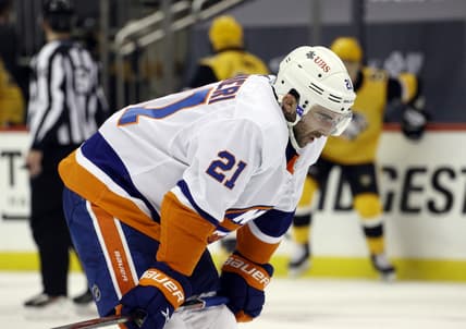 May 18, 2021; Pittsburgh, Pennsylvania, USA;  New York Islanders right wing Kyle Palmieri (21) reacts after the Islanders were defeated by the Pittsburgh Penguins against in game two of the first round of the 2021 Stanley Cup Playoffs at PPG Paints Arena. Pittsburgh won 2-1.  Mandatory Credit: Charles LeClaire-USA TODAY Sports