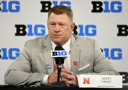 Jul 22, 2021; Indianapolis, Indiana, USA; Nebraska Cornhuskers head coach Scott Frost speaks to the media during Big 10 media days at Lucas Oil Stadium. Mandatory Credit: Robert Goddin-USA TODAY Sports