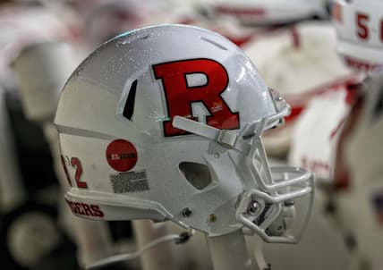 Nov 24, 2018; East Lansing, MI, USA; Close-up veiw of a Rutgers Scarlet Knights helmet during the first half of a game against the Michigan State Spartans at Spartan Stadium. Mandatory Credit: Mike Carter-USA TODAY Sports