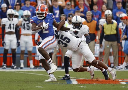 Nov 13, 2021; Gainesville, Florida, USA;Florida Gators tight end Kemore Gamble (2) runs past Samford Bulldogs defensive end Joseph Mera (35) during the first quarter at Ben Hill Griffin Stadium. Mandatory Credit: Kim Klement-USA TODAY Sports