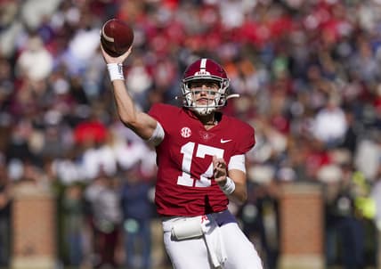 Nov 13, 2021; Tuscaloosa, Alabama, USA; Alabama Crimson Tide quarterback Paul Tyson (17) throws a pass against New Mexico State at Bryant-Denny Stadium. Mandatory Credit: Marvin Gentry-USA TODAY Sports
