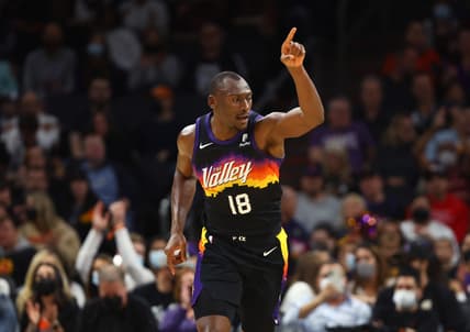 Jan 22, 2022; Phoenix, Arizona, USA; Phoenix Suns center Bismack Biyombo reacts against the Indiana Pacers in the second half at Footprint Center. Mandatory Credit: Mark J. Rebilas-USA TODAY Sports