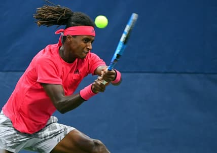 Aug 31, 2020; Flushing Meadows, New York, USA; Mikael Ymer (SWE) hits the ball against Filip Krajinovic (SRB) on day one of the 2020 U.S. Open tennis tournament at USTA Billie Jean King National Tennis Center. Mandatory Credit: Robert Deutsch-USA TODAY Sports