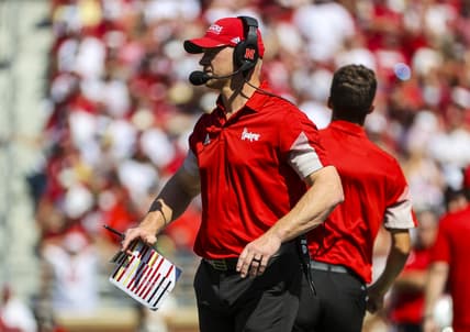 Sep 18, 2021; Norman, Oklahoma, USA;  Nebraska Cornhuskers head coach Scott Frost looks on during the second quarter against the Oklahoma Sooners at Gaylord Family-Oklahoma Memorial Stadium. Mandatory Credit: Kevin Jairaj-USA TODAY Sports