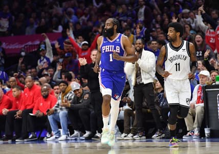 Mar 10, 2022; Philadelphia, Pennsylvania, USA; Philadelphia 76ers guard James Harden (1) reacts after making a three point basket during the first quarter against the Brooklyn Nets at Wells Fargo Center. Mandatory Credit: Eric Hartline-USA TODAY Sports