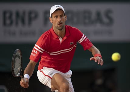 Jun 13, 2021; Paris, France; Novak Djokovic (SRB) in action during the men's final against Stefanos Tsitsipas (GRE) on day 15 of the French Open at Stade Roland Garros. Mandatory Credit: Susan Mullane-USA TODAY Sports