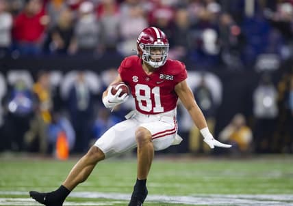 Jan 10, 2022; Indianapolis, IN, USA; Alabama Crimson Tide tight end Cameron Latu (81) against the Georgia Bulldogs in the 2022 CFP college football national championship game at Lucas Oil Stadium. Mandatory Credit: Mark J. Rebilas-USA TODAY Sports