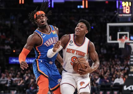 Nov 13, 2022; New York, New York, USA; New York Knicks guard RJ Barrett (9) collides with Oklahoma City Thunder forward Luguentz Dort (5) in the first half at Madison Square Garden. Mandatory Credit: Wendell Cruz-USA TODAY Sports