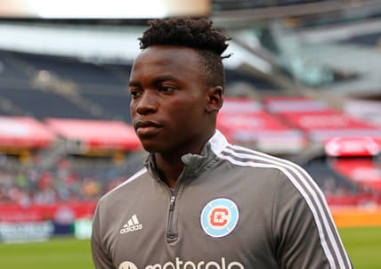 Jul 16, 2022; Chicago, Illinois, USA; Chicago Fire defender Jhon Espinoza (14) during the first half at Soldier Field. Mandatory Credit: Mike Dinovo-USA TODAY Sports