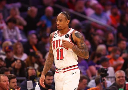 Nov 30, 2022; Phoenix, Arizona, USA; Chicago Bulls forward DeMar DeRozan (11) reacts against the Phoenix Suns at Footprint Center. Mandatory Credit: Mark J. Rebilas-USA TODAY Sports