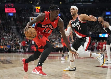 Jan 8, 2023; Toronto, Ontario, CAN; Toronto Raptors forward Pascal Siakam (43) moves to the basket against Portland Trail Blazers guard Josh Hart (11) during the first half at Scotiabank Arena. Mandatory Credit: John E. Sokolowski-USA TODAY Sports