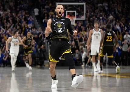 Mar 11, 2023; San Francisco, California, USA; Golden State Warriors guard Stephen Curry (30) reacts after making a three point basket to tie the score against the Milwaukee Bucks during the fourth quarter at Chase Center. Mandatory Credit: D. Ross Cameron-USA TODAY Sports