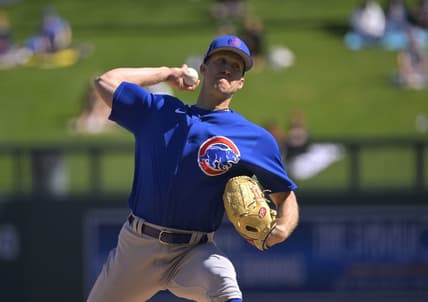 Feb 27, 2023; Salt River Pima-Maricopa, Arizona, USA;  Chicago Cubs starting pitcher Caleb Kilian (45) throws to the plate in the first inning of a spring training game against the Chicago Cubs at Salt River Fields at Talking Stick. Mandatory Credit: Jayne Kamin-Oncea-USA TODAY Sports