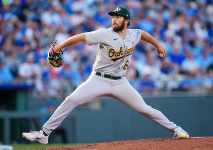 May 6, 2023; Kansas City, Missouri, USA; Oakland Athletics starting pitcher Ken Waldichuk (64) pitches during the second inning against the Kansas City Royals at Kauffman Stadium. Mandatory Credit: Jay Biggerstaff-USA TODAY Sports