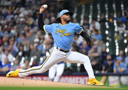 May 26, 2023; Milwaukee, Wisconsin, USA; Milwaukee Brewers starting pitcher Freddy Peralta (51) delivers a pitch against the San Francisco Giants in the second inning at American Family Field. Mandatory Credit: Michael McLoone-USA TODAY Sports