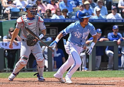 Jul 2, 2023; Kansas City, Missouri, USA;  Kansas City Royals second baseman Nicky Lopez (8) hits an RBI single in the fourth inning against the Los Angeles Dodgers at Kauffman Stadium. Mandatory Credit: Peter Aiken-USA TODAY Sports