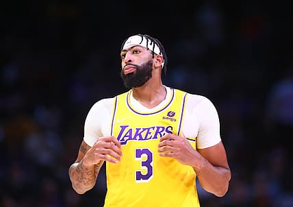 Oct 6, 2021; Phoenix, Arizona, USA; Los Angeles Lakers forward Anthony Davis (3) reacts against the Phoenix Suns during a preseason game at Footprint Center. Mandatory Credit: Mark J. Rebilas-USA TODAY Sports